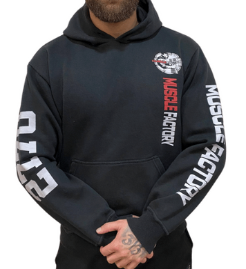 Muscle Factory Logo Hoodie  Black   Cotton material  Apparel by Muscle Factory | Mount Druitt, Sydney and Australia's Best Price Supplements for all your nutrition, health, gym needs.
